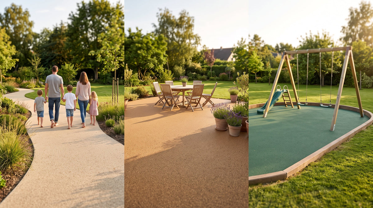 Sol en liège, moquette de pierre et sol souple coulé au jardin