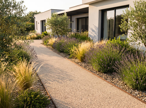 Allée de jardin en moquette de pierre beige drainante, bordée de lavande et de graminées