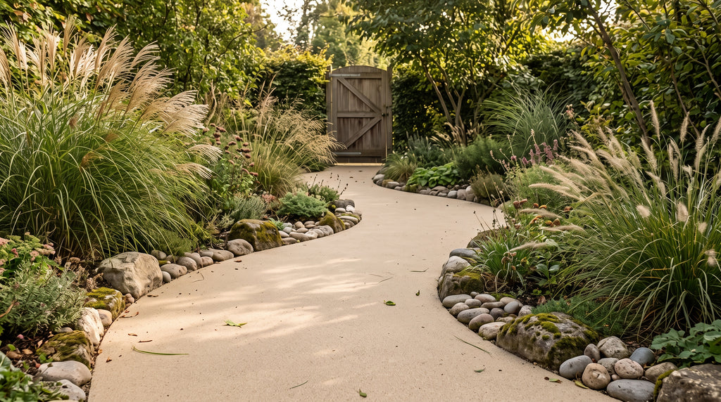 Allée de jardin courbe en sol souple coulé beige bordée de graminées et de pierres