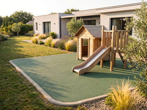 Coin jeux de jardin en sol souple coulé vert pin sans joint, avec cabane et toboggan en bois