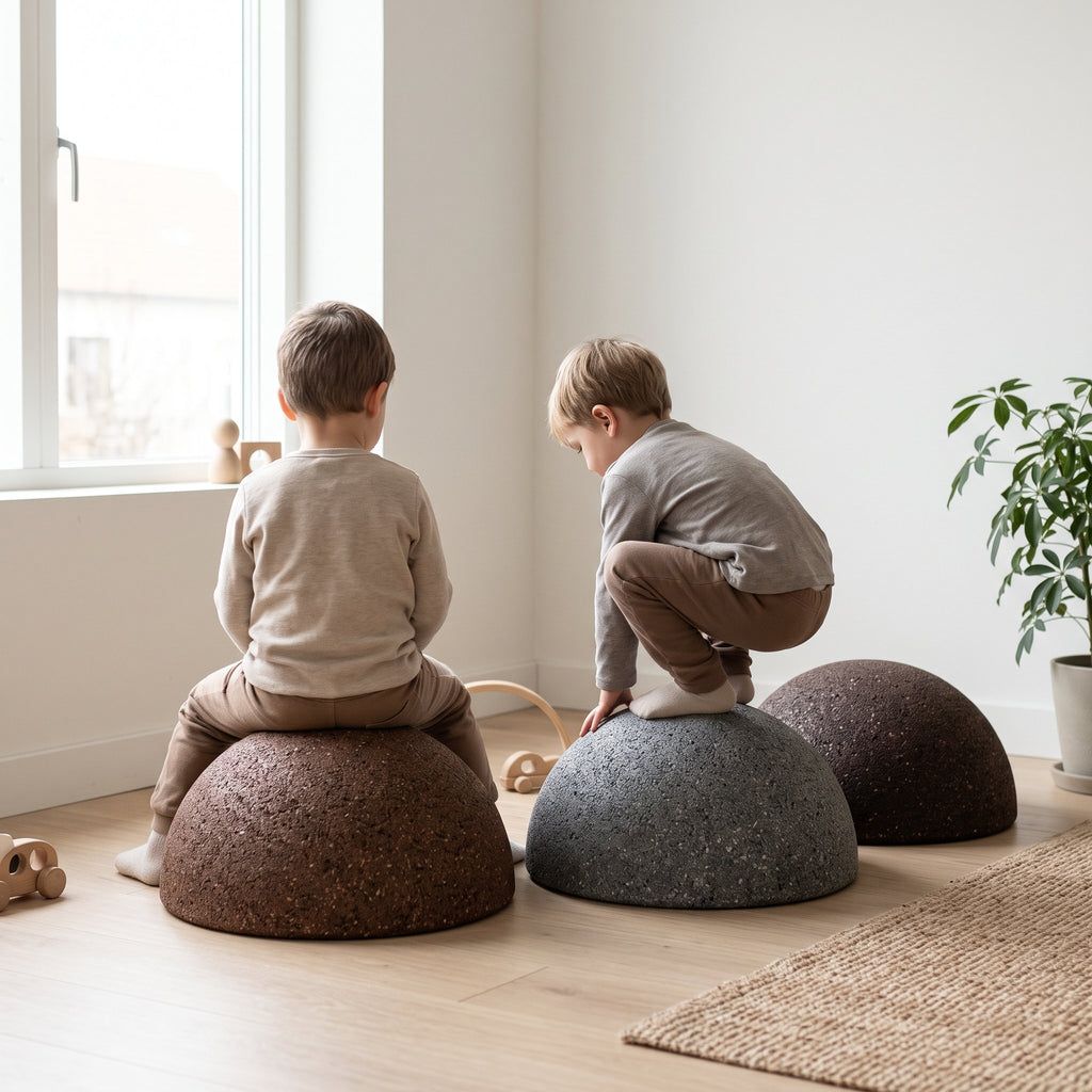 Enfants jouant sur des demi-sphères marron et gris anthracite dans un salon — visuel d'illustration
