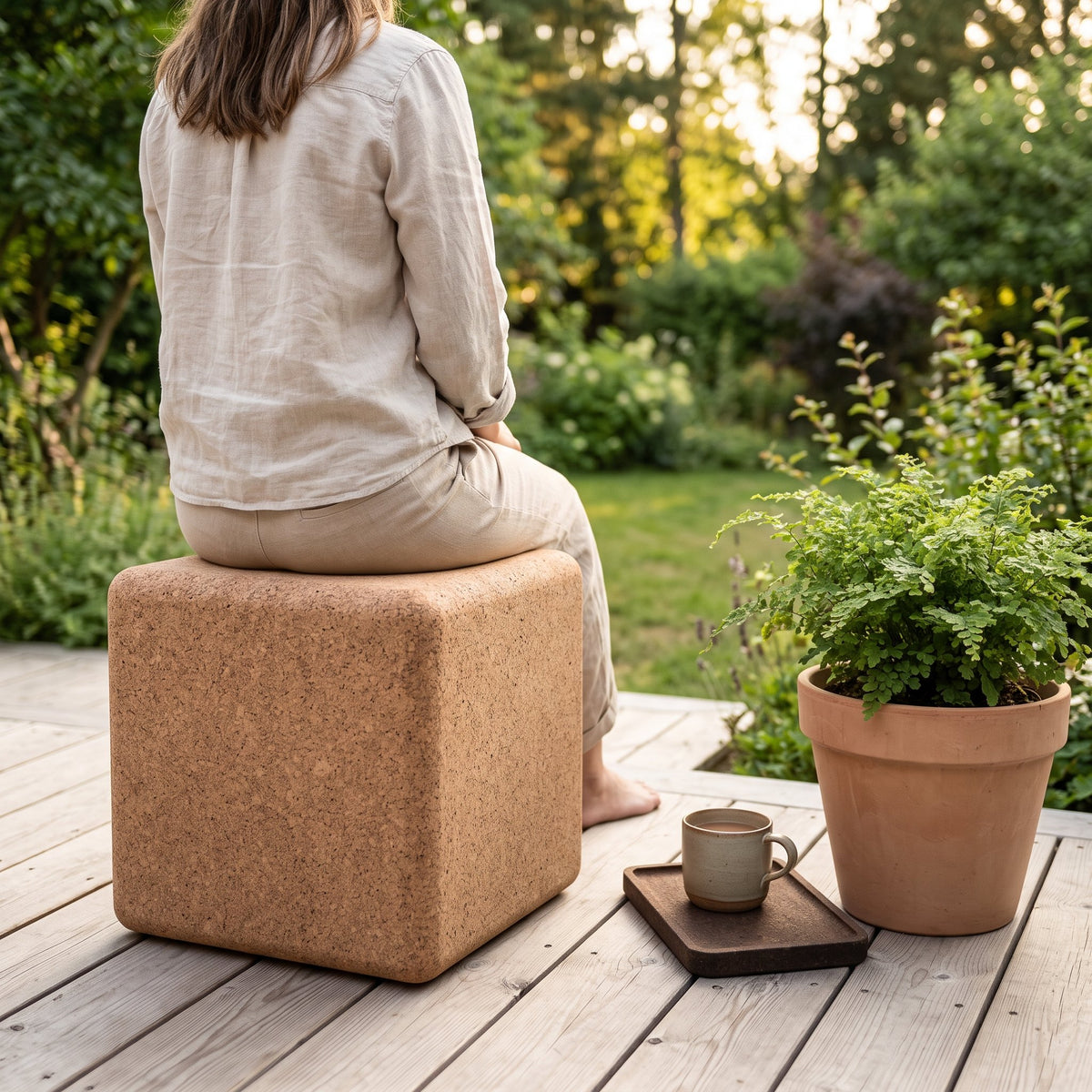Personne assise sur un banc carré en liège naturel sur une terrasse en bois — visuel d'illustration