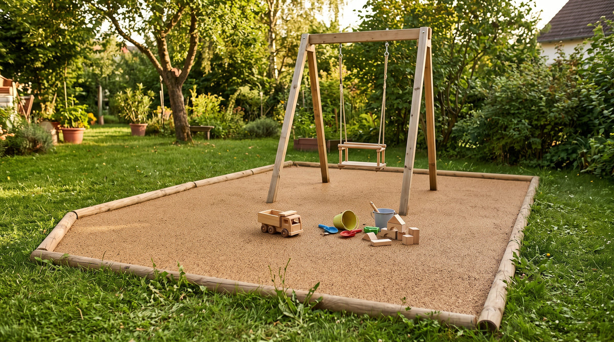 Coin jeux d'enfants au jardin avec sol en liège coulé sous une balançoire en bois
