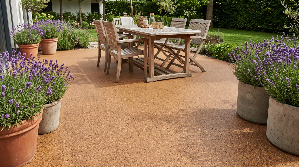 Terrasse de jardin en sol en liège coulé sans joint, table en bois et pots de lavande