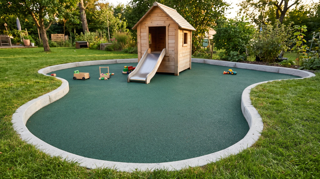 Aire de jeux de jardin en sol souple coulé vert sans joint avec toboggan et maisonnette en bois