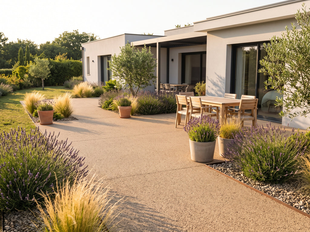 Terrasse de jardin en sol en liège coulé sans joint, avec table en bois et pots de lavande