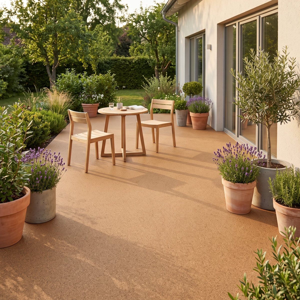 Terrasse de jardin en sol de liège coulé — visuel d'illustration