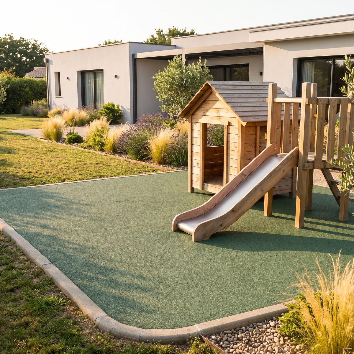 Coin jeux de jardin en sol souple coulé sans joint — visuel d'illustration